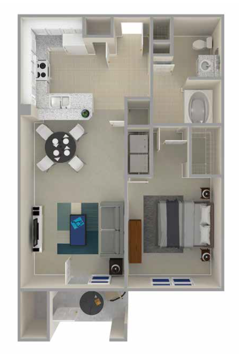Floor plan for 1 bed, 1 bath, 740 sqft